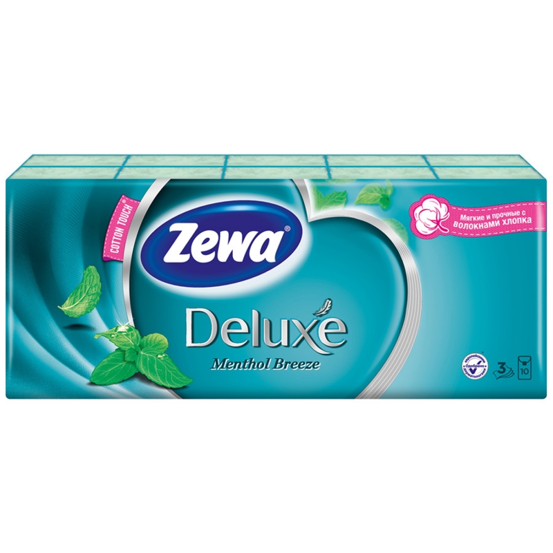 Платочки Бумажные Носовые Zewa (Зева) Deluxe ментол 3 слоя, 10 х10шт