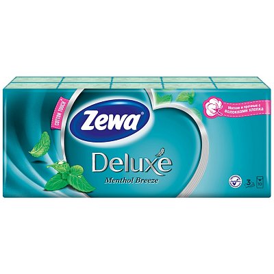 Платочки Бумажные Носовые Zewa (Зева) Deluxe ментол 3 слоя, 10 х10шт