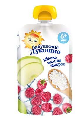 Бабушкино Лукошко пюре яблоко и малина с творогом, 90г