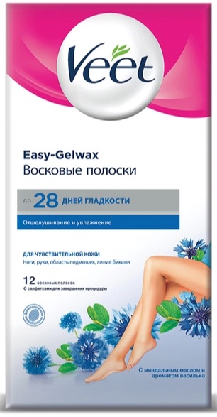 Veet Easy-Gelwax (Вит) восковые полоски для чувствительной кожи с миндальным маслом и ароматом Василька, 12шт