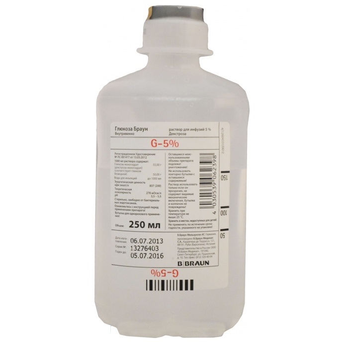Глюкоза, раствор для инфузий 5%, флакон 250мл, 10 шт ПЭТ