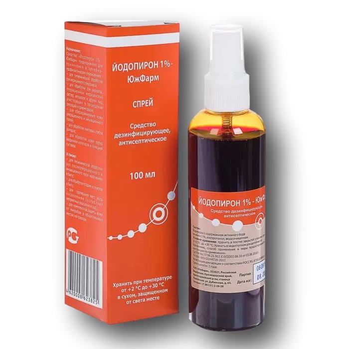 Йодопирон-Южфарм, раствор для наружного применения 1%, спрей 100мл