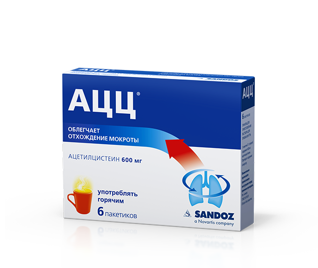 АЦЦ, порошок для приготовления раствора для приема внутрь, с ароматом меда и лимона 600мг, пакетики 3г, 6 шт