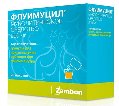 Флуимуцил, гранулы для приготовления раствора для приема внутрь 200мг, пакеты 1г, 20 шт