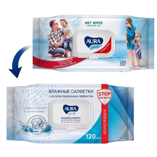 Aura (Аура) салфетки влажные Family для всей семьи антибактериальные 120шт