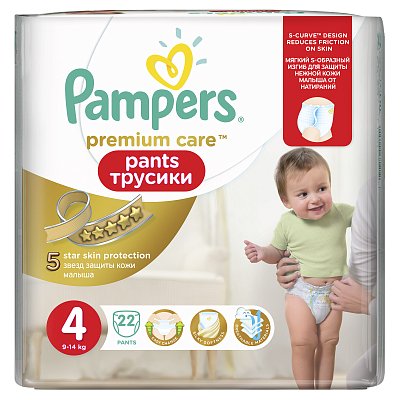 Pampers Premium Care (Памперс) подгузники-трусы 4 макси 9-14кг, 22шт