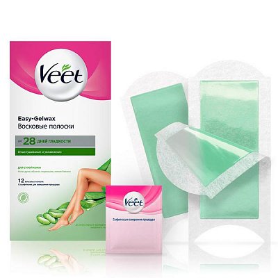 Veet Easy-Gelwax (Вит) восковые полоски для сухой кожи с Алоэ Вера, 12 шт