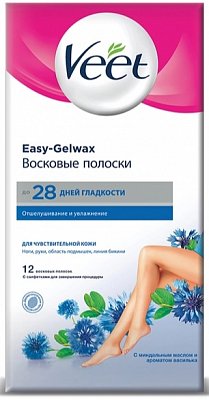 Veet Easy-Gelwax (Вит) восковые полоски для чувствительной кожи с миндальным маслом и ароматом Василька, 12шт