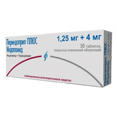 Периндоприл ПЛЮС Индапамид, таблетки, покрытые пленочной оболочкой 4мг+1,25мг, 30 шт