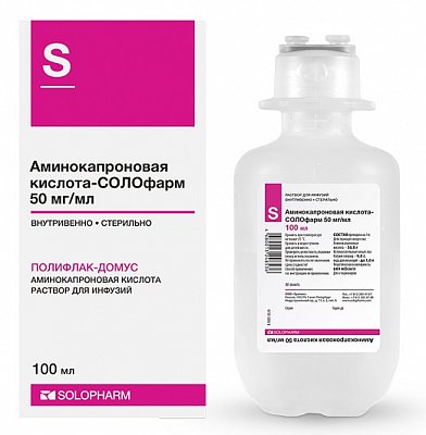 Аминокапроновая кислота-СОЛОфарм, раствор для инфузий 50мг/мл, флакон 100мл ПЭТ 36 шт