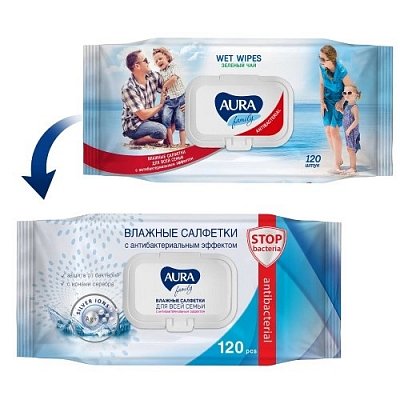 Aura (Аура) салфетки влажные Family для всей семьи антибактериальные 120шт